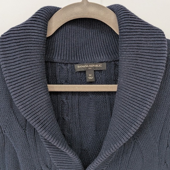 Banana Republic $128 Medium Navy Blue Cable Knit Shawl Collar Cardigan Sweater - Picture 4 of 12
